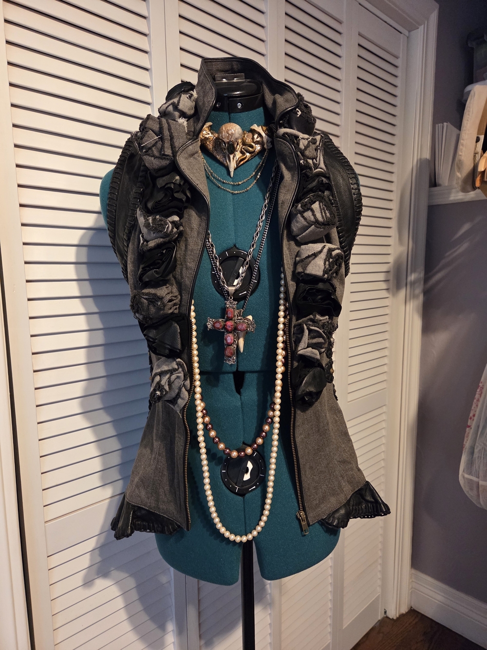 Gelareh Denim & Leather Ruffled Zip-Front Vest Jacket